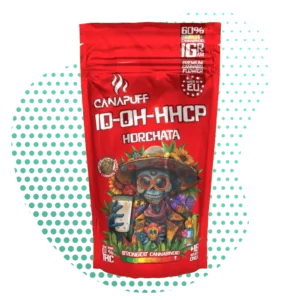 Sachet rouge Canapuff de fleur 10-OH-HHCP Horchata Premium Cannabis avec illustration de squelette coloré, 60% cannabinoïde puissant.