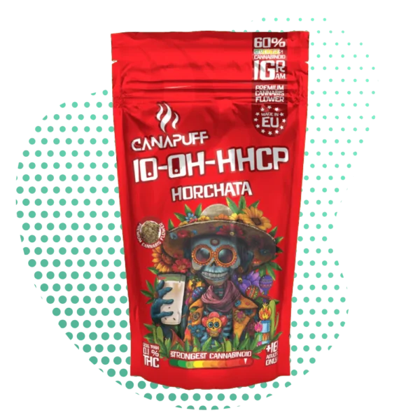 Fleur 10-OH-HHCP Horchata Canapuff - Cannabis Premium Puissant 60% Sachet rouge Canapuff de fleur 10-OH-HHCP Horchata Premium Cannabis avec illustration de squelette coloré, 60% cannabinoïde puissant.