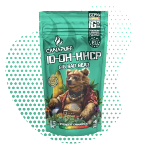 Sachet de fleur 10-OH-HHCP Canapuff Big Bad Bear premium avec illustration d'un ours surfeur, teneur 60% cannabinoïde.