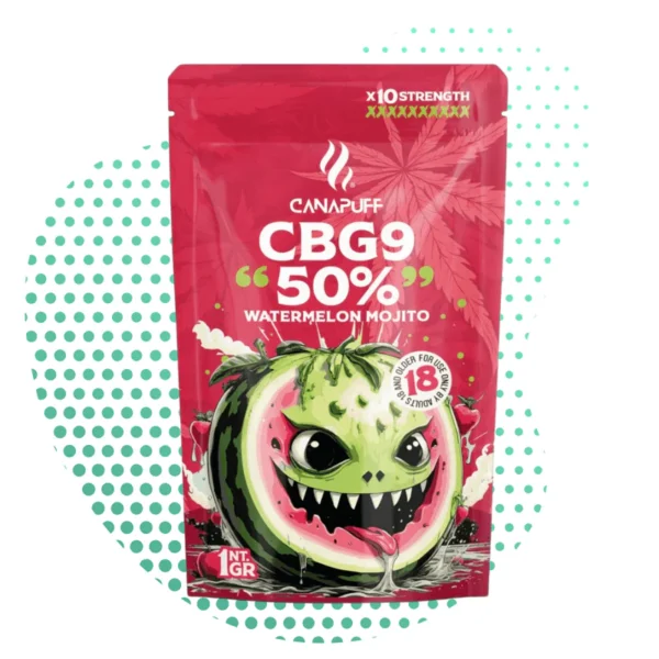 CBG9 50% Watermelon Mojito x10 Strength - cannalegal.fr Sachet de CBG9 50% Watermelon Mojito de cannalegal.fr avec un design de pastèque souriante. Produit légal, x10 force.