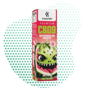 Boîte de vape premium CBG9 Watermelon Mojito Sativa cannalegal.fr, 1ml, avec un motif de pastèque monstrueuse et la mention 'For Adults 18+'