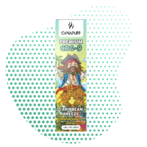 Boîte de vape cannalegal.fr CBG9 Caribbean Breeze Sativa 1ml, illustrée d'un joyeux pirate, avec mentions Premium Quality et 79% CBG-9.