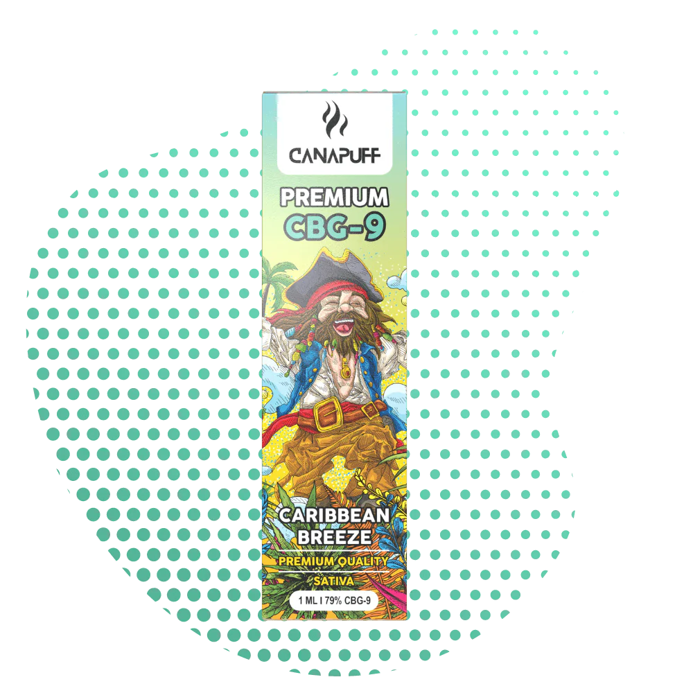 Boîte de vape cannalegal.fr CBG9 Caribbean Breeze Sativa 1ml, illustrée d'un joyeux pirate, avec mentions Premium Quality et 79% CBG-9.
