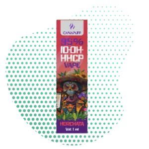 Vape pen cannalegal.fr HHCP Vape Horchata, 95% 10-OH-HHCP de 1ml, décoré d'un crâne coloré style Día de los Muertos.
