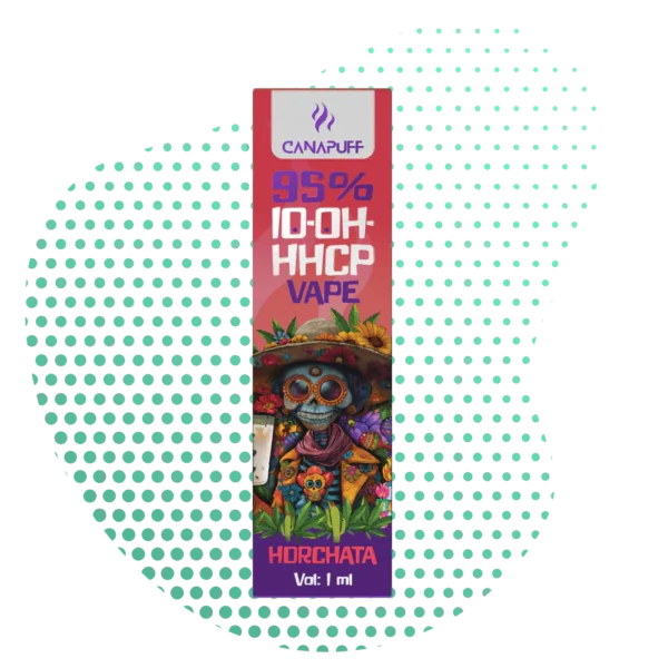 cannalegal.fr HHCP Vape Horchata | 95% 10-OH-HHCP 1ml Vape pen cannalegal.fr HHCP Vape Horchata, 95% 10-OH-HHCP de 1ml, décoré d'un crâne coloré style Día de los Muertos.