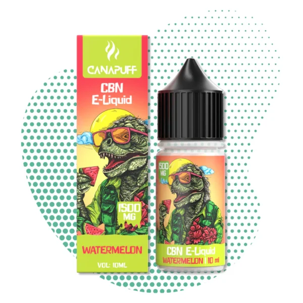 E-liquide CBN Pastèque 1500mg 10ml - Saveur Fruitée cannalegal.fr E-liquide CBN Pastèque 1500mg 10ml cannalegal.fr. Bouteille et packaging illustrés d'un dinosaure avec lunettes et pastèque, fond vert à pois.