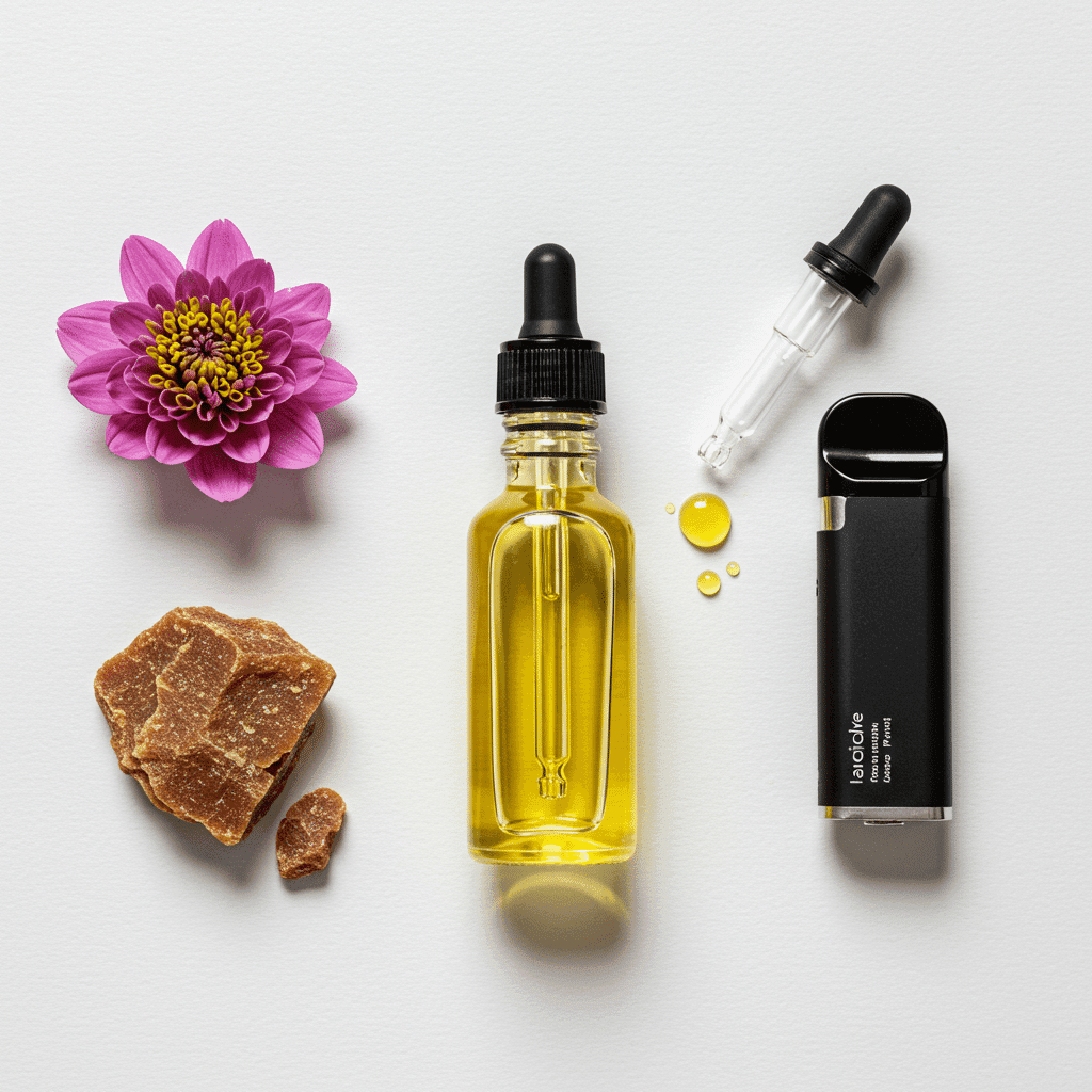 Présentation des différentes formes de THP 420 : fleurs, huiles et vapes.