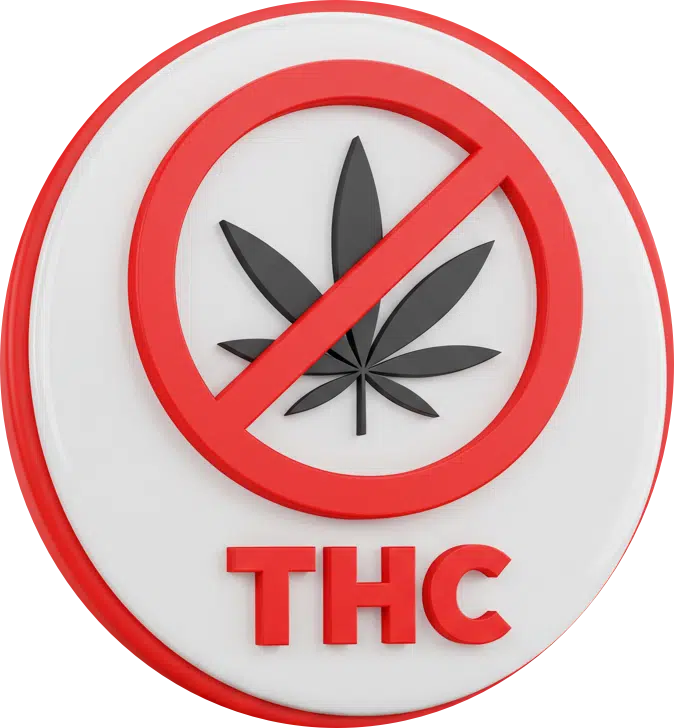 Le THC est un stupéfiant classé illégal en France. Badge d'alerte rouge indiquant que le THC est un cannabinoïde psychotrope et illégal