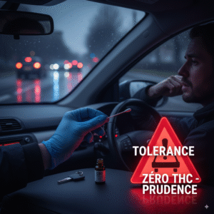 Un conducteur face à un test salivaire, illustrant la tolérance zéro THC et la prudence requise avec le cannabis légal au volant.