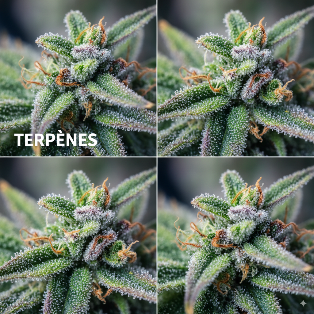 Gros plan sur les trichomes d'une fleur de cannabis riches en composés