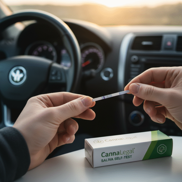 Autotest salivaire THC CannaLegal en cours d'utilisation avant de prendre le volant