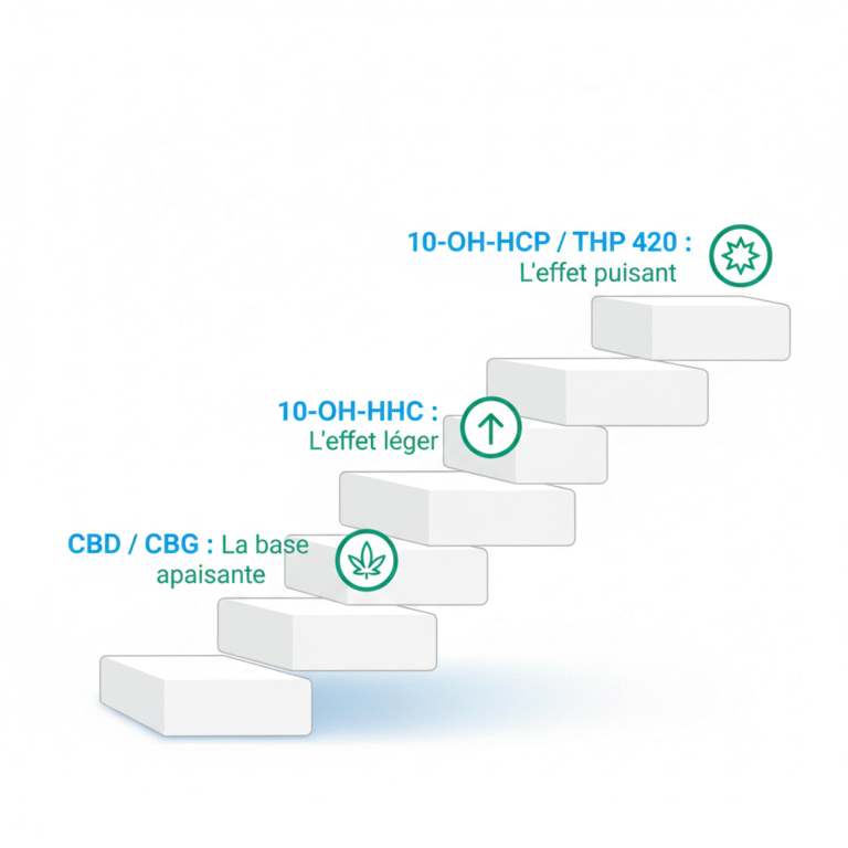 Schéma de l'escalier de transition des cannabinoïdes pour arrêter le THC, du CBD apaisant au THP 420 puissant.