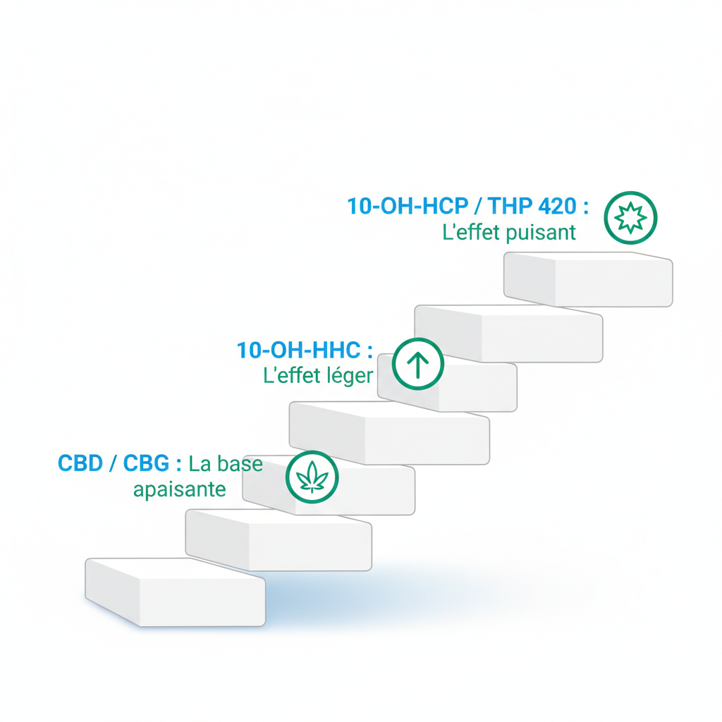 Schéma de l'escalier des cannabinoïdes pour arrêter le THC, du CBD au THP 420.