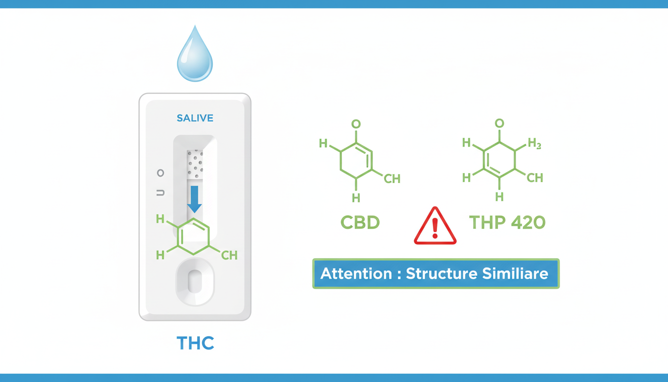 Schéma du fonctionnement d'un test salivaire THC et le risque de réactivité croisée avec des molécules similaires,Schéma expliquant le risque de test salivaire positif avec du CBD/thp420 dû à la réactivité croisée avec le THC. .