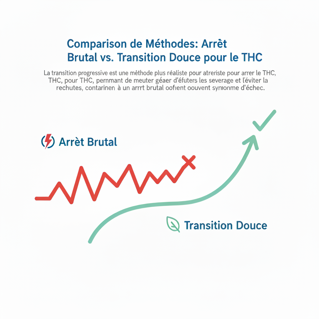 Infographie sur comment arrêter le THC avec le CBD via la méthode de la transition douce.