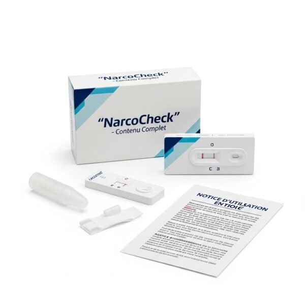 Photo du kit de test salivaire NarcoCheck, incluant boîte, cassette, collecteur et notice