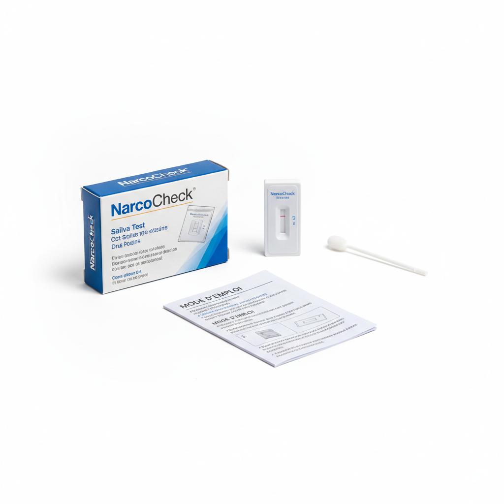 Contenu d'un kit de test salivaire NarcoCheck, comprenant la boîte, la cassette de test, le collecteur de salive et la notice d'utilisation, disposé sur un fond blanc épuré.