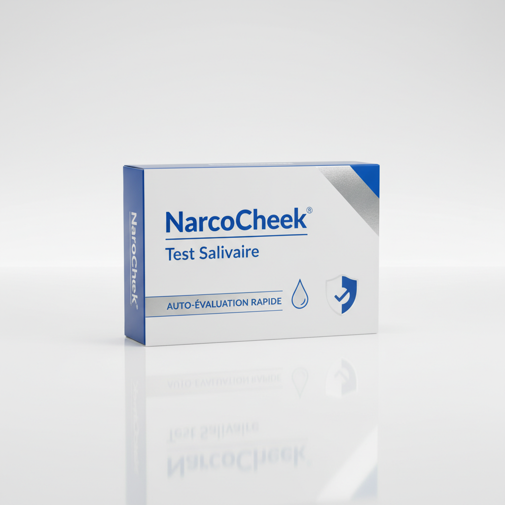 Photo d'un test salivaire NarcoCheck dans son emballage, disponible à l'achat pour l'auto-dépistage préventif.