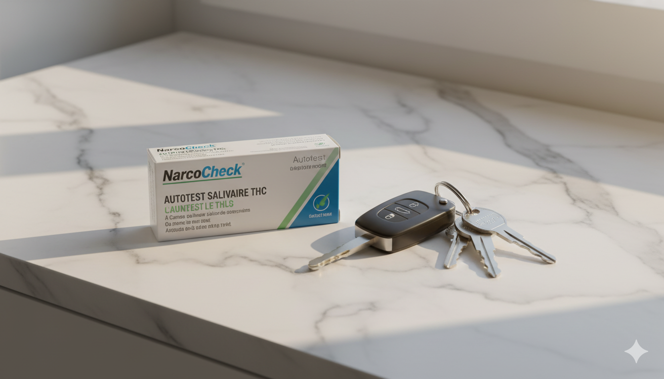 Autotest salivaire THC posé à côté de clés de voiture, symbolisant la préparation et la prévention routière responsable.