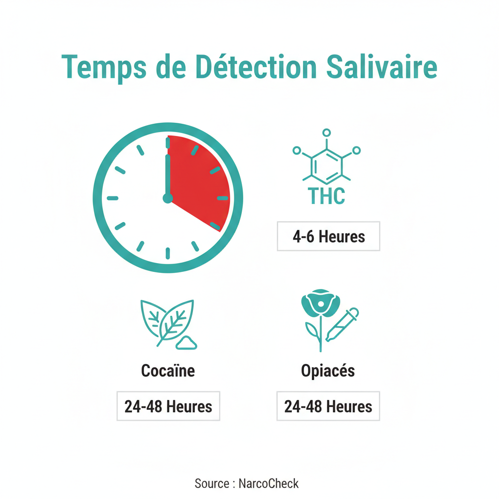 Infographie sur le temps de détection du THC dans la salive (4-6 heures) selon les données du fabricant de tests NarcoCheck.