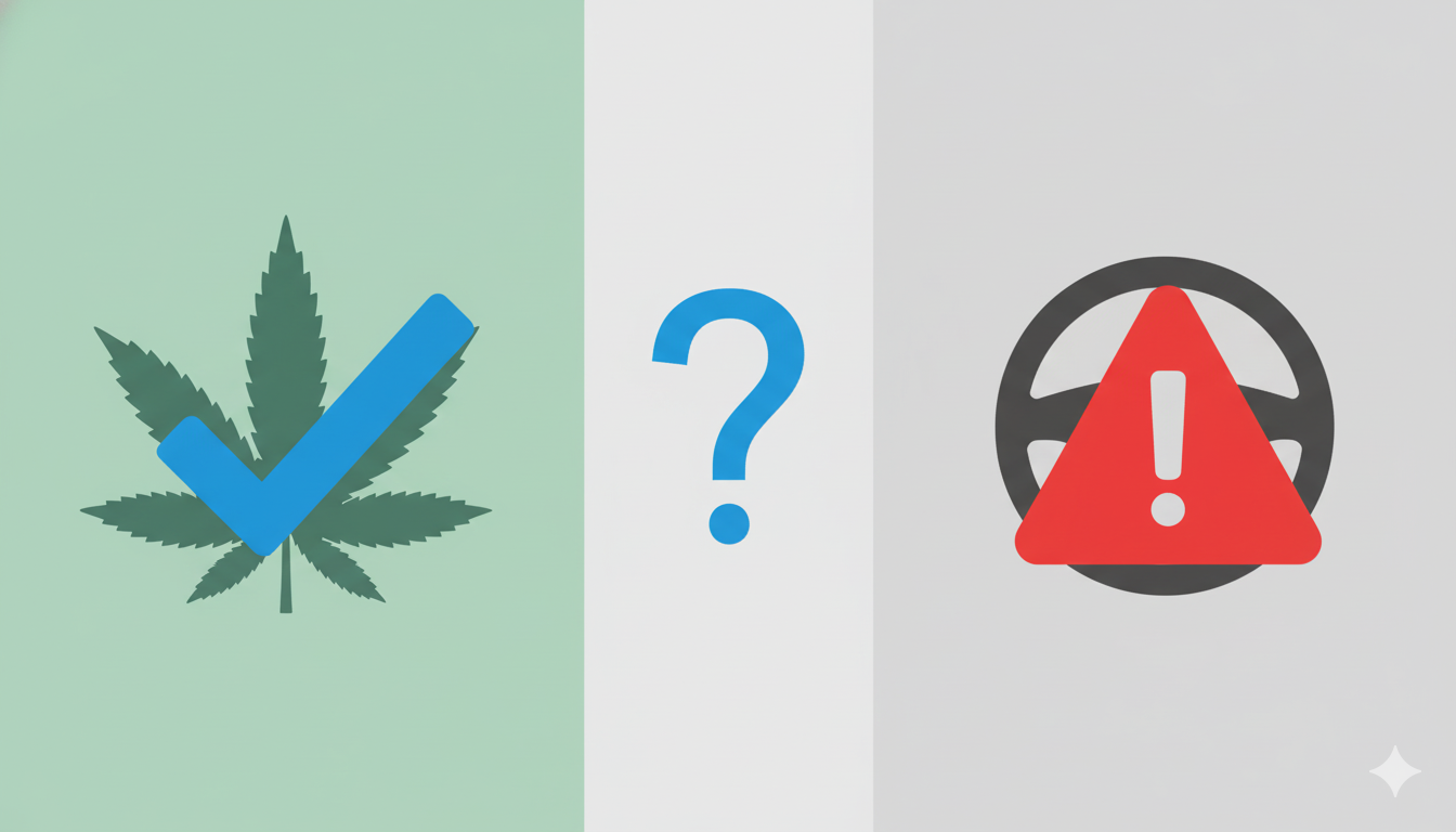 Illustration du paradoxe légal du test salivaire pour le cannabis légal en France, montrant une balance de la justice et une feuille de chanvre.