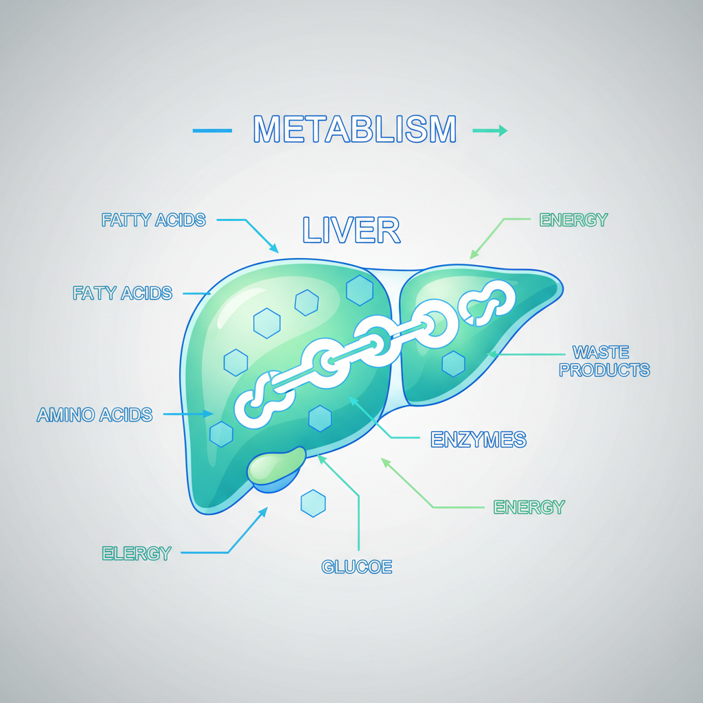Illustration médicale vectorielle épurée du foie humain et de ses enzymes, expliquant le métabolisme, avec des couleurs douces bleu et vert.