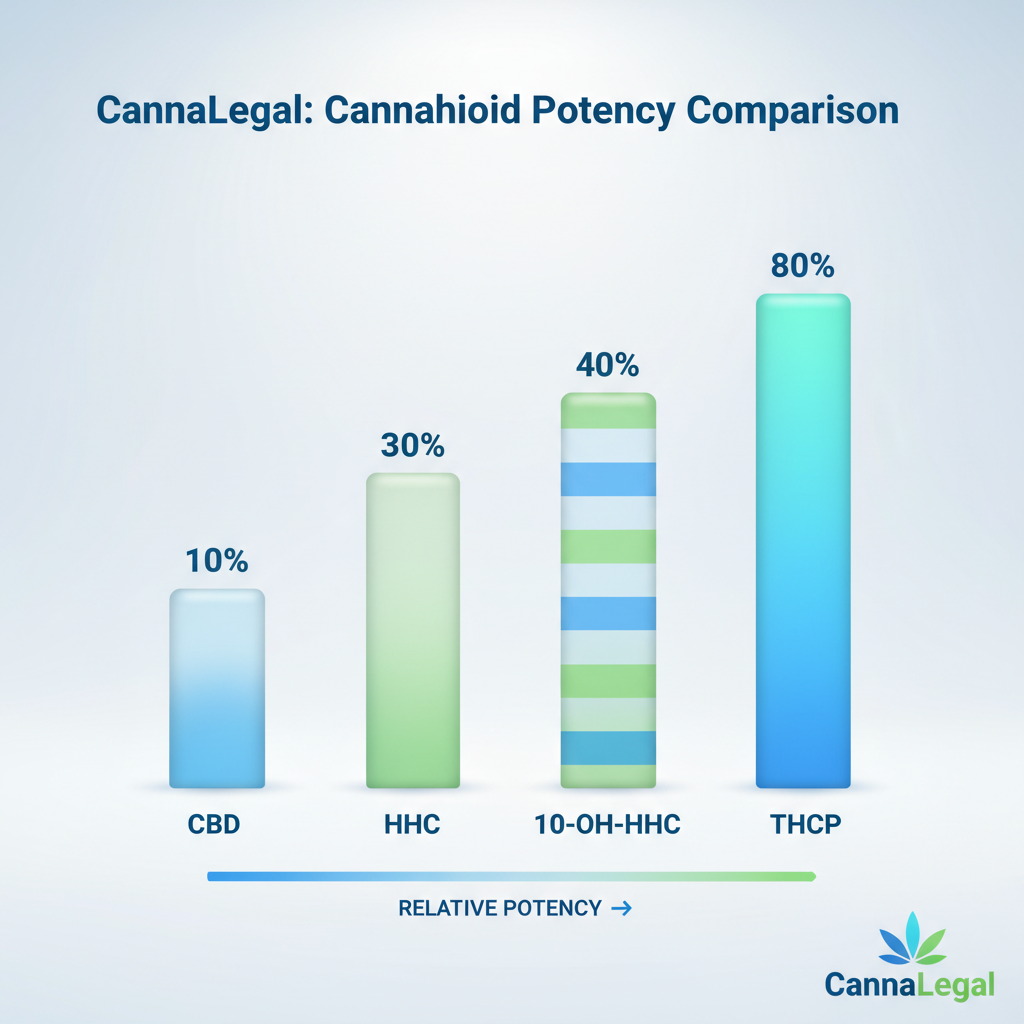 Graphique à barres comparatif des puissances du CBD, HHC, THCP et 10-OH-HHC. Infographie moderne aux couleurs CannaLegal illustrant l'intensité de chaque cannabinoïde.