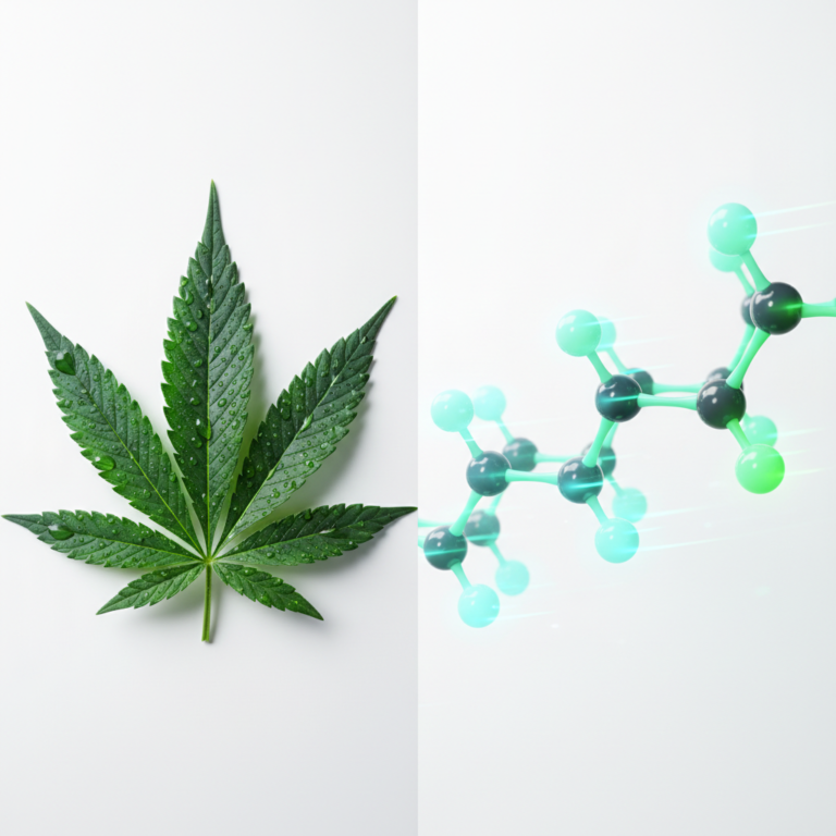 Comparaison visuelle entre une feuille de cannabis fraîche et une structure moléculaire néon THP-420 sur fond blanc