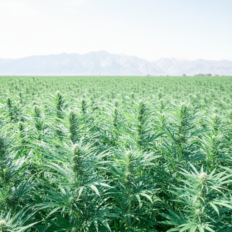 Grand champ ensoleillé de plants de chanvre CBD sains, hauts et robustes, s'étirant vers le ciel, avec des montagnes lointaines sous un ciel clair, symbolisant la croissance naturelle et l'échelle vaste.