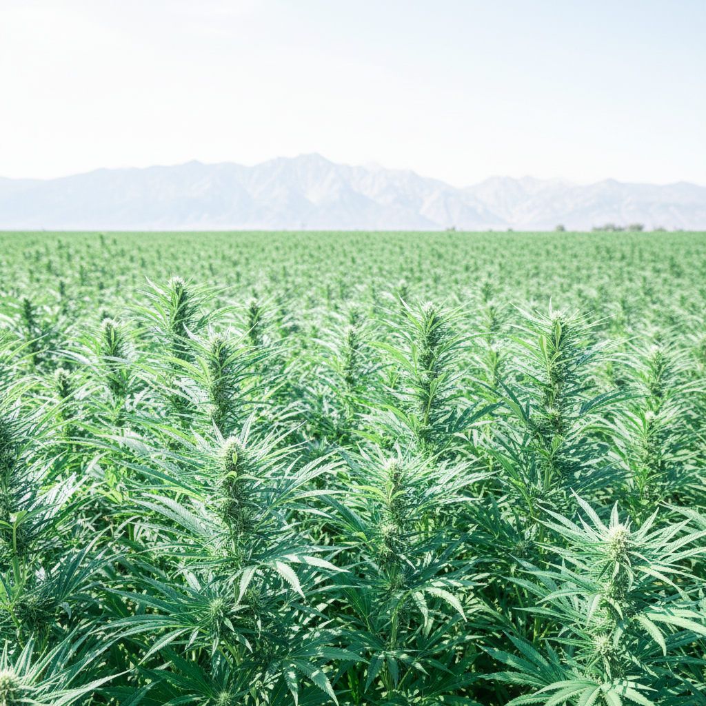 Champ de chanvre CBD sous le soleil, représentant la culture en plein air