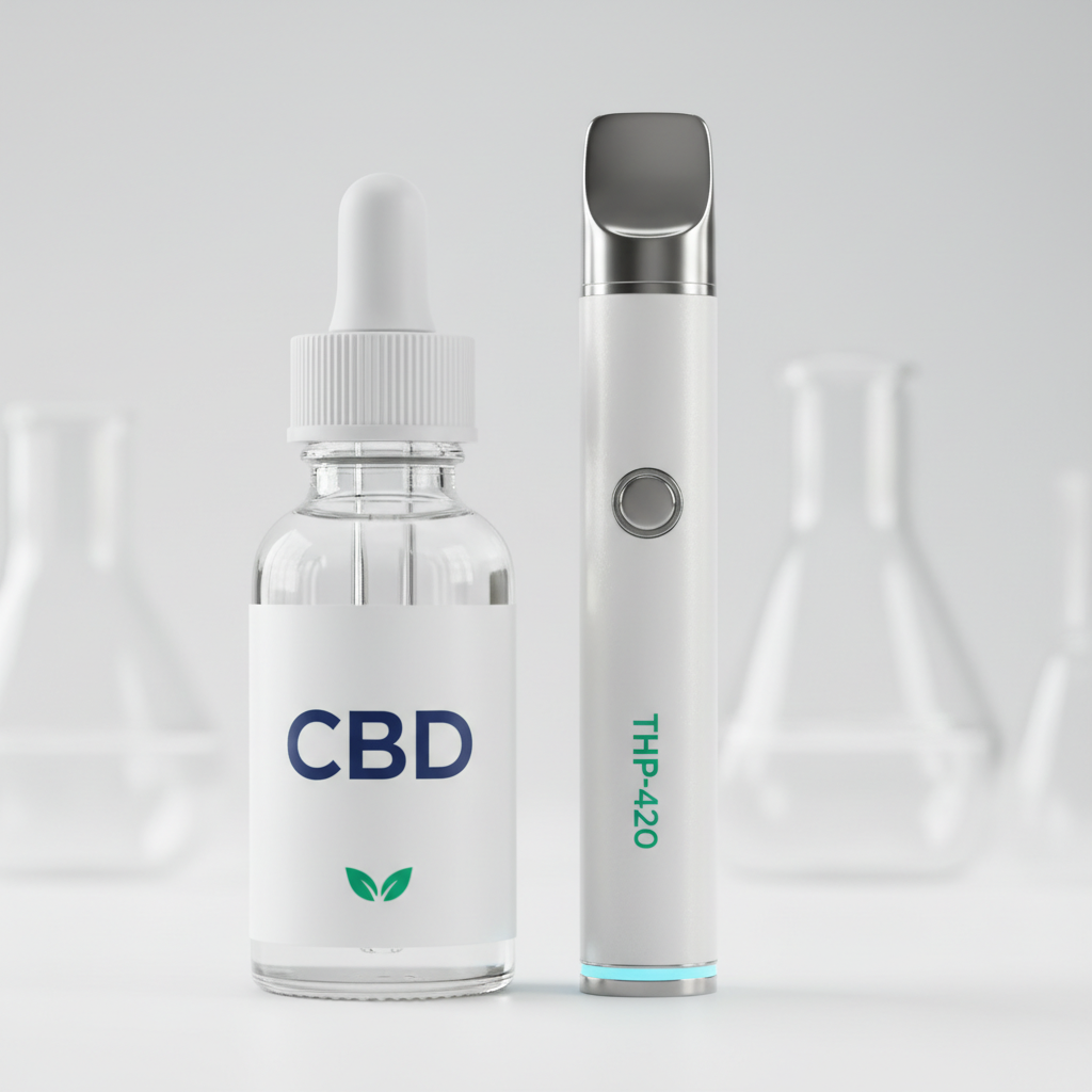 Photographie macro d'un flacon d'huile CBD et d'un vaporisateur THP-420 dans un laboratoire médical