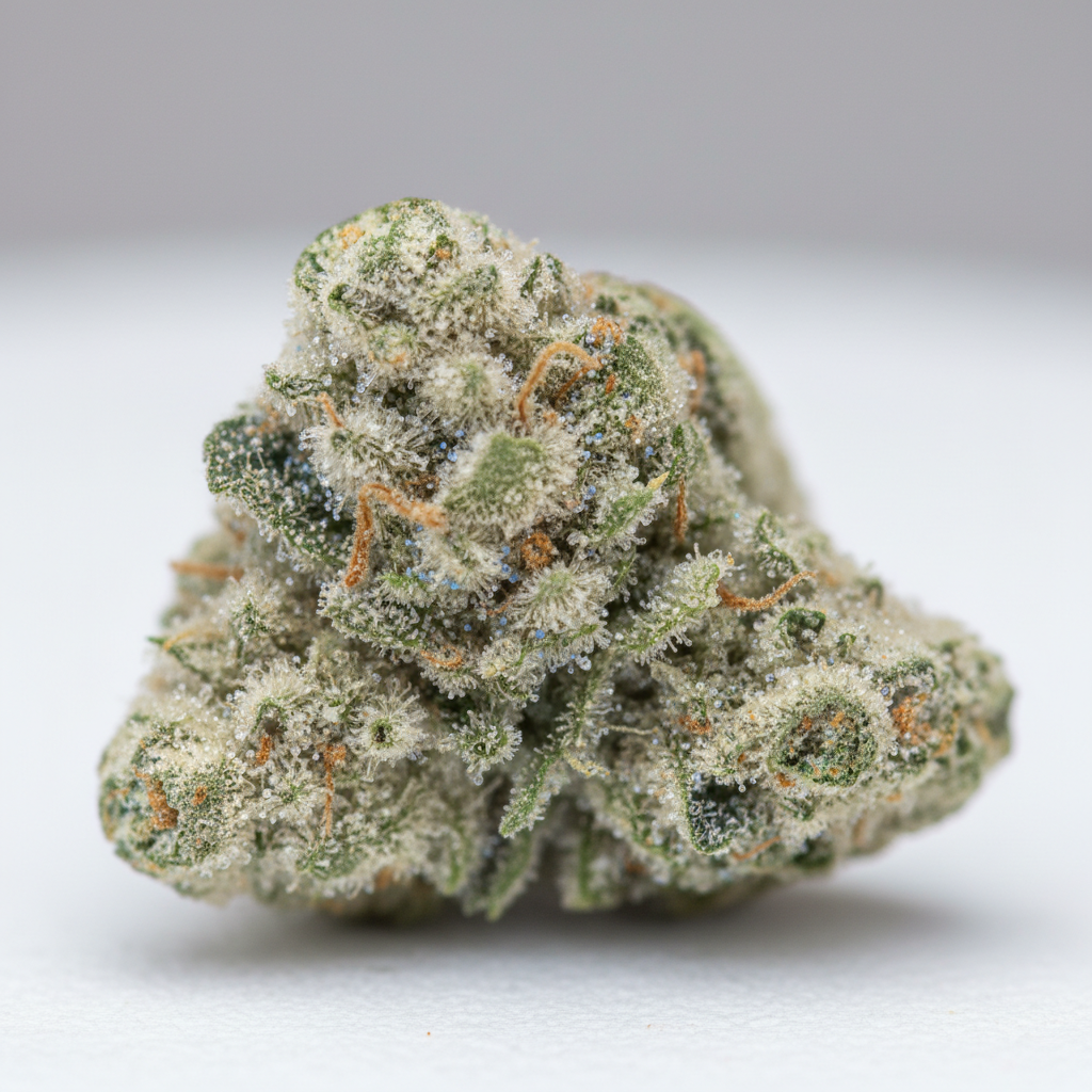 Gros plan sur une fleur de CBD riche en trichomes, symbole de qualité