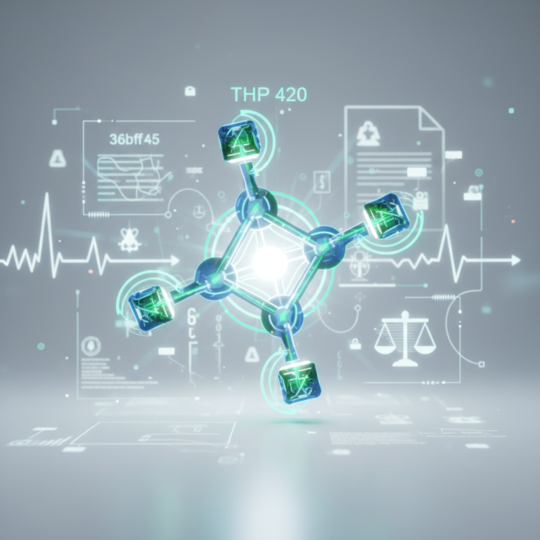 Molécule THP 420 stylisée avec effet lumineux, fond futuriste et légal. Design professionnel de haute qualité aux couleurs bleu ciel et vert émeraude, symbolisant l'innovation scientifique et technologique.