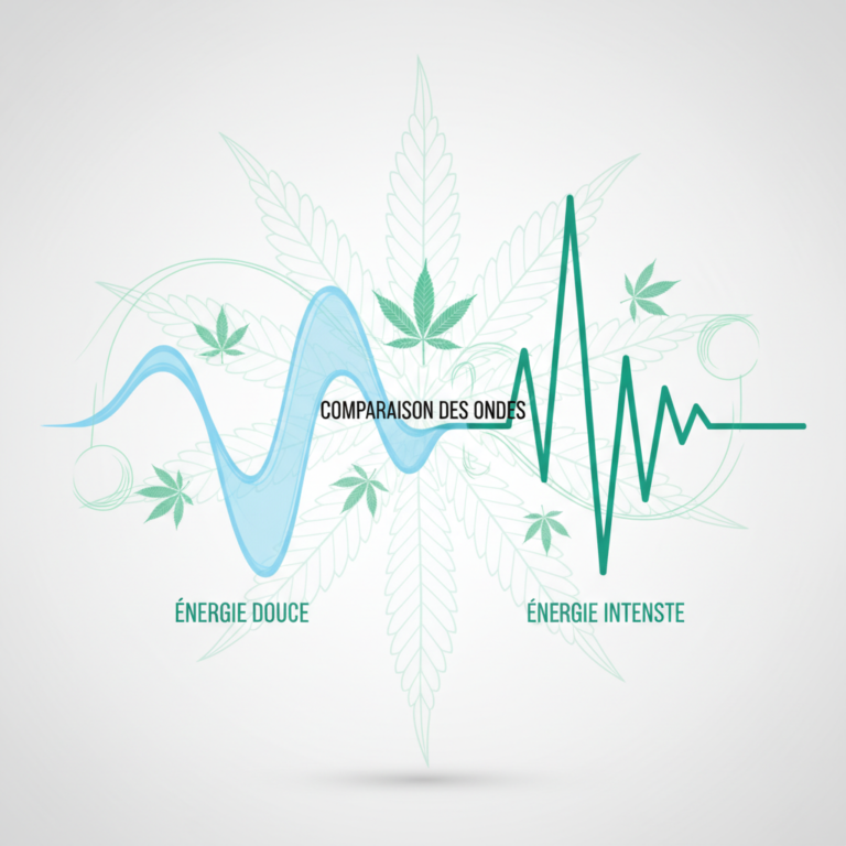 Graphique stylisé comparant deux ondes énergétiques (douce et intense) avec feuilles de cannabis en arrière-plan, illustrant le débat thp 420 versus cbd dans des tons bleu ciel et vert émeraude.