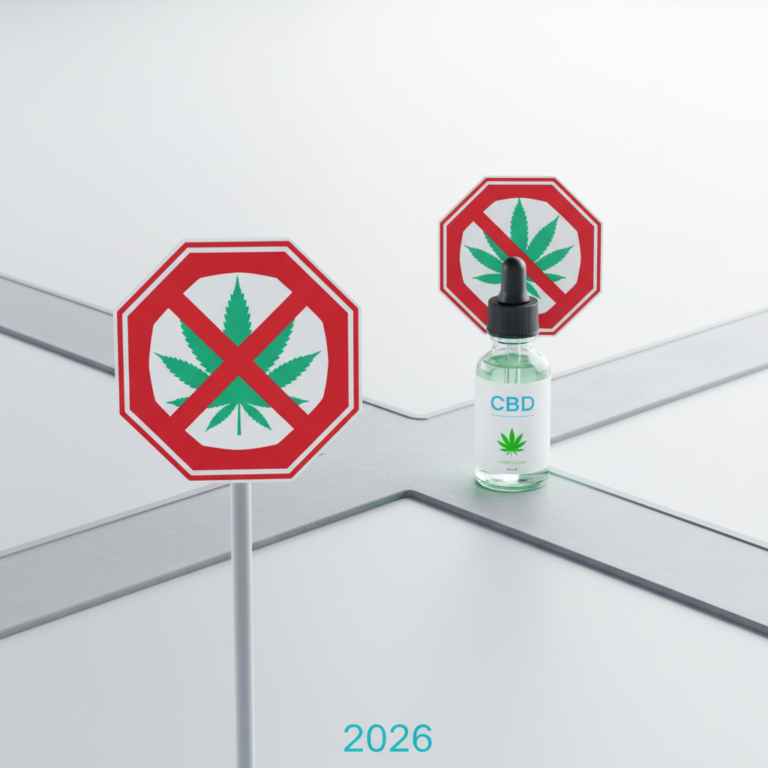 Image à la une représentant une intersection complexe avec un panneau STOP. Sur le panneau, une feuille de cannabis barrée côtoie un flacon de CBD, symbolisant les CBD conduite risques 2026 et le paradoxe légal.