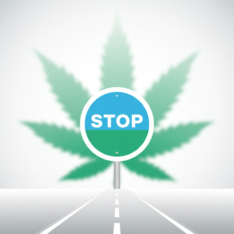 Illustration moderne : Panneau stop et feuille de chanvre floue en arrière-plan, soulignant la question du CBD et test salivaire positif sur la route.