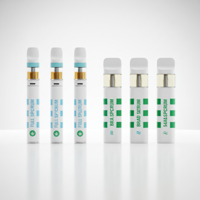 Plusieurs vapes de CBD affichant des étiquettes distinctes "Full Spectrum" et "Broad Spectrum", soulignant les nuances importantes entre ces produits, notamment en lien avec un CBD et test salivaire positif potentiel.