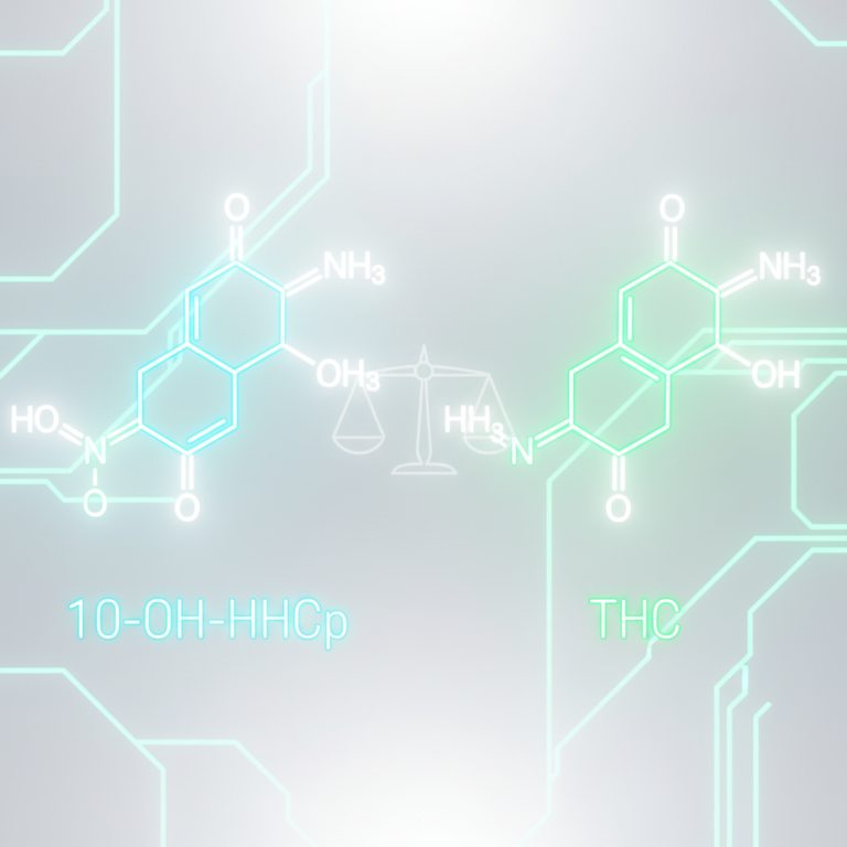Illustration stylisée et futuriste comparant les structures moléculaires du 10 oh hhcp vs thc, avec des effets lumineux et une balance de justice néon.