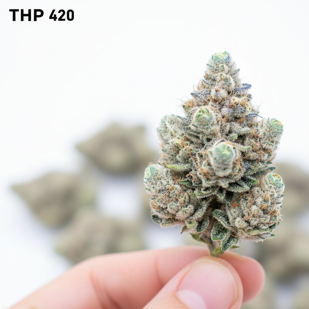 Main tenant une fleur de THP 420 de haute qualité, évoquant la sélection premium.