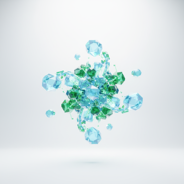 Composition abstraite 3D des effets thp420 du THP 420, symbolisant puissance et complexité moléculaire avec des teintes vertes et bleues vibrantes dans un style futuriste et professionnel.