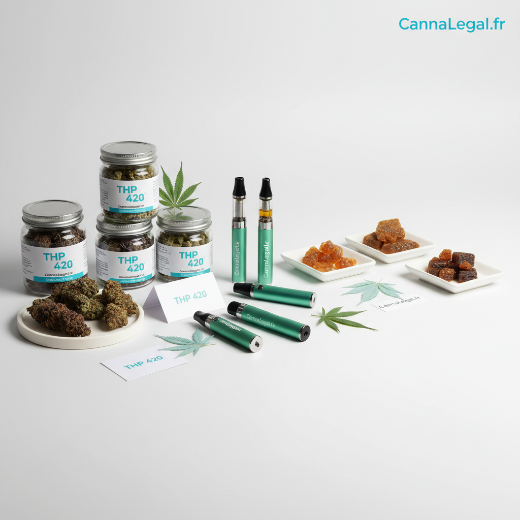 Assortiment élégant de produits THP 420 (fleurs, vapes, résines).