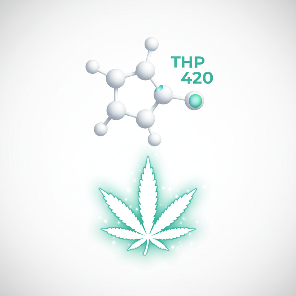 Molécule THP 420 stylisée et feuille de chanvre, symbolisant son origine et sa puissance.