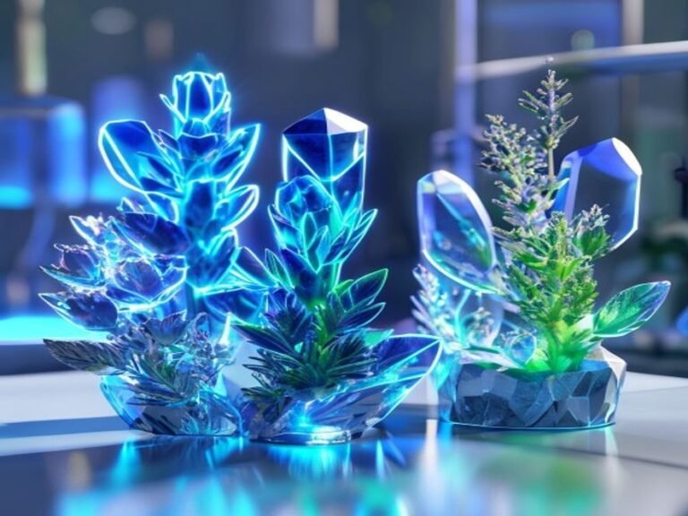Macro shot 8K hyper-réaliste de trois structures cristallines de cannabis, brillant en néon bleu et vert émeraude, dans un laboratoire futuriste. Mettant en scène du thc, thcp, thp 420, ?le choc des titants pour une expérience visuelle unique.
