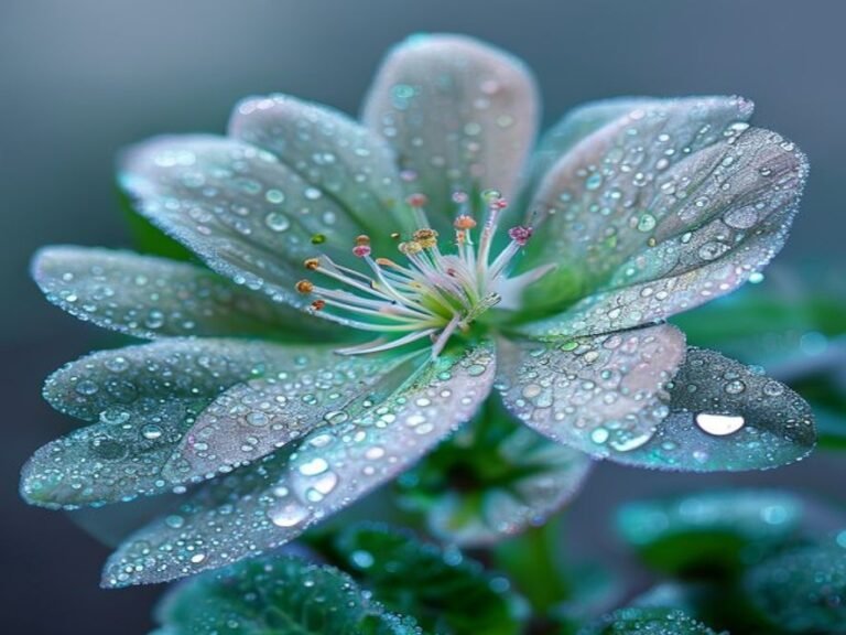 Macro photo d'une fleur de cannabis impeccable avec des gouttes de rosée irisées, éclairée en bleu et vert néon dans un cadre de laboratoire futuriste. Une représentation visuelle parfaite pour explorer la Synergie CBG + CBD : Optimisez Vos Effets grâce à l'Entourage Effect (Légalement !).